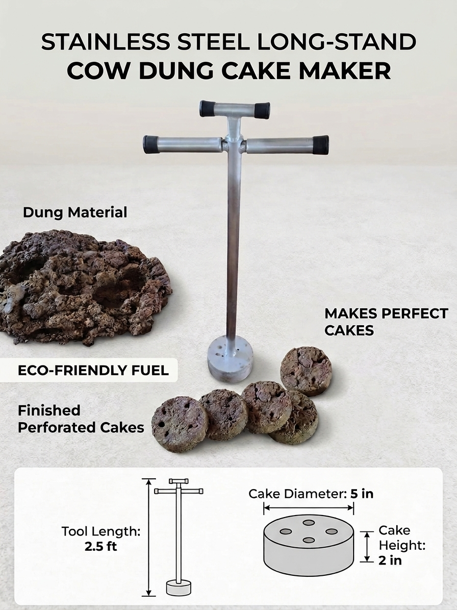 Stainless Steel Cow Dung Cake Maker, 5x2inch Cup, 2.5ft Tall
